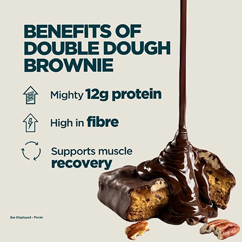 Image 1 - A chocolate-covered pecan brownie bar with a stream of chocolate pouring over it, accompanied by two pecan halves, and the text Benefits of Double Dough Brownie, Mighty 12g protein, High in fibre, Supports muscle recovery, and Bar Displayed - Pecan. Image 2 - A person sits in a car, holding a chocolate protein bar, with text overlaying the image that says: 20 YEARS OF RELENTLESS REFINEMENT, Expertly crafted by nutritionists, Quality assured by independent testers, Formulas refined by real research, produced at Myproteins outstanding facilities.