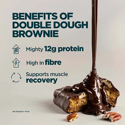 Image 1 - A brownie bar, cut to show its pecan-studded interior, is being drizzled with chocolate sauce, with text listing the benefits of Double Dough Brownie: Mighty 12g protein, High in fibre, Supports muscle recovery, and Bar Displayed - Pecan. Image 2 - A chocolate-covered protein bar is cut in half showing its layered filling, resting on a light surface, with overlaid text that reads 20 YEARS OF RELENTLESS REFINEMENT, Expertly crafted by nutritionists, Quality assured by independent testers, Formulas refined by real research, and Produced at Myproteins outstanding facilities. Image 3 - A person in a car holds a partially unwrapped chocolate protein bar labeled PROTEIN, with marketing text displayed that reads UKS NO. 1 SPORTS NUTRITION BRAND, Consistency, quality, and over 20 years of getting it right. Backed by Euromonitor, the global authority on market data. Source Euromonitor International Limited; Consumer Health 2025 Edition, retail value sales (RSP), all retail channels, 2024 data.