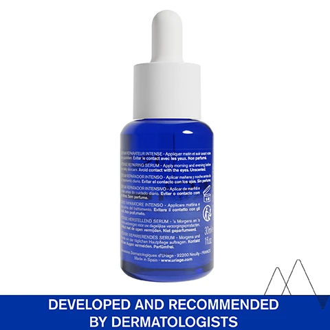 Image 1 - A blue serum bottle with a white dropper is visible showing text including SERUM REPARATEUR INTENSE - Appliquer matin et soir avant votre soin quotidien. Eviter le contact avec les yeux. Non parfumé. INTENSE REPAIRING SERUM - Apply morning and evening before your daily skincare. Avoid contact with the eyes. Unscented. SERUM REPARADOR INTENSO - Aplicar mañana y noche antes de su tratamiento diario. Evitar el contacto con los ojos. Sin perfume. SERUM REPARADOR INTENSO - Aplicar de manhã e à noite antes do cuidado diário. Evitar o contacto com os olhos. Sem perfume. SIERO RIPARATORE INTENSO - Applicare mattina e sera prima del trattamento. Evitare il contatto con gli occhi. Non profumato. INTENSE HERSTELLEND SERUM - s Morgens en s avonds aanbrengen vóór uw dagelijkse verzorgingsproducten. Contact met de ogen vermijden. Niet geparfumeerd. NTENSIV REPARIERENDES SERUM - Morgens und abends vor der täglichen Hautpflege auftragen. Kontakt mit den Augen vermeiden. Parfümfrei. Laboratoires Dermatologiques dUriage - 92200 Neuilly-FRANCE Made in Spain - www.uriage.com 6M 30mle 1 fl.oz. Image 2 - Close-up of a persons face receiving drops of serum from a dropper with text reading DAILY FRAGILIZED SKIN Lightweight serum Very fast-absorbing Fragrance-free. Image 3 - An information graphic listing skincare ingredients Centella Asiatica, Hyaluronic Acid & Vitamin B5, Dipeptides, and 10.5% Thermal-Biotic Complex with their benefits, titled ADVANCED DERMATOLOGICAL FORMULA CENTELLA ASIATICA Repairs & protects skin Powerful antiowidant HYALURONIC ACID & VITAMIN B5 Repair, plump up & soothe skin DIPEPTIDES Smoothes, evens out & prevents aging 10.5% THERMAL-BIOTIC COMPLEX Uriage Thermal Water & Inulin Strengthen the physical and immune barriers, rebalance microbiome barrier. Image 4 - Vertical list of skincare features against a snowy mountain background Developed and recommended by dermatologists, Suitable for fragilized skin, Fragrance-free, High-tolerance, 97% ingredients of natural origin. Image 5 - A man identified as Dr. Karan Lal, Dermatologist, smiles while text next to him states Urban pollution can damage the skin and its microbiome. Using serums with prebiotic and centella asiatic effectively repairs and reinforces the skin. Image 6 - Image shows a bottle of serum and a jar of cream from the Uriage CICA DAILY range with text 1 Intense repair 2 Hydrate & repair Uriage Eau Thermale Cica Daily Serum reparateur intense Intense repairing serum TEINT IRREGULIER - RIDULES DE DESHYDRATATION UNEVEN SKIN TEXTURE - DEHYDRATION LINES Uriage, Leau Thermale des Alpes Uriage Eau Thermale Cica Daily Concentre de creme reparateur Repairing cream concentrate Uriage, Leau Thermale des Alpes. Image 7 - A blue glass dropper bottle of Uriage Cica Daily Intense Repairing Serum is shown with a clear serum drop behind it and a blue stamp that says RECOMMENDED BY DERMATOLOGISTS, while the bottle label includes URIAGE EAU THERMALE, Sérum réparateur intense, TEINT IRRÉGULIER - RIDULES DE DÉSHYDRATATION, UNEVEN SKIN TEXTURE - DEHYDRATION LINES, and URIAGE, LEAU THERMALE DES ALPES.
