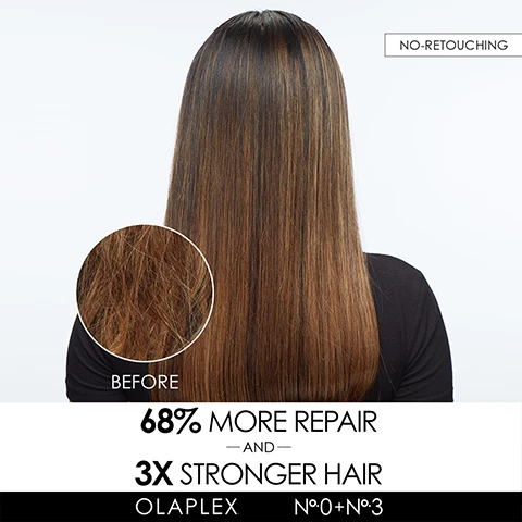 Image 1, 2 and 3, 68% more repair and 3x stronger hair with Olaplex No 0 + 3. Image 4 and 5, before and after with no retouching. Image 6, 1 Pump: fine or short hair. 2 Pumps: Medium or Shoulder Length Hair. 3 Pumps Thick or Long Hair. Image 7, 2x shine, 4x moisture, 6x smoother, 94% saw more body. image 8, before you wash your hair: No 0 Intensive bond building hair treatment, intensifies repair to boost No 3 for 3 x stronger hair. Before you wash your hair: No 3 hair perfector reduces breakage and visibly strengthens hair. In place of conditioner weekly: No 8 bond intense moisture mask deep treats for weightless, moisture body and shine. Image 9, The environment come first, together with out updated carbon negative footprint from 2015 to 2021. We eliminate 35mm pounds of GHG from being emitted to the environment. We save 44k gallons of water from being wasted. We protect 57mm trees from being deforested. Image 10, hair cuticle before and after.