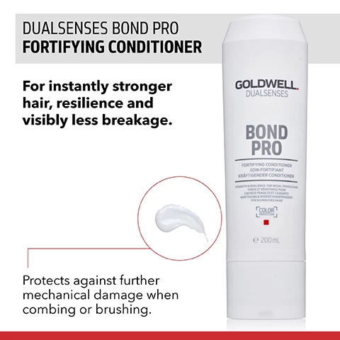 image 1, dual sense bond pro fortifying conditioner. for instantly stronger hair, resilience and visibly less breakage. protects against further mechanical damage when combing or brushing. image 2, before and after. for all hair types, even for fine hair. used by more than 71,000 stylists worldwide, based on internal KAO sell in data january to december 2020, global. image 3, peptides and amino acids penetrate into the hair cortex targeting the damaged areas. image 4, dual sense bond pro deep treatment. step 1 = wash gently fortifying shampoo. step 2 = apply evenly, rinse with fortifying conditioner. step 3 = towel dry and apply day and night bond booster evenly, leave in.