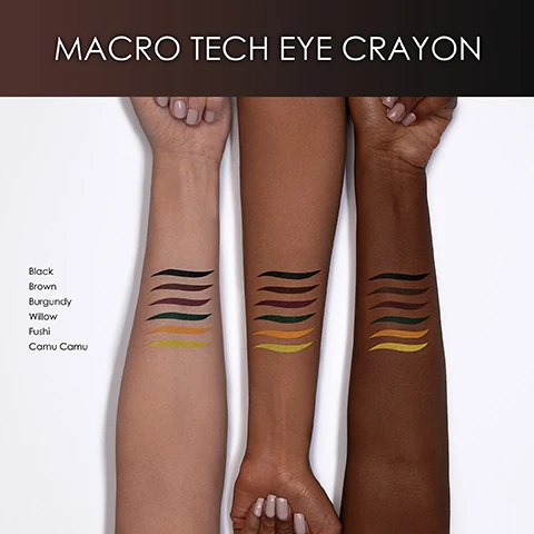 Macro tech eye crayon on three different skin tones, black, brown, burgundy, willow, fushi and camu camu