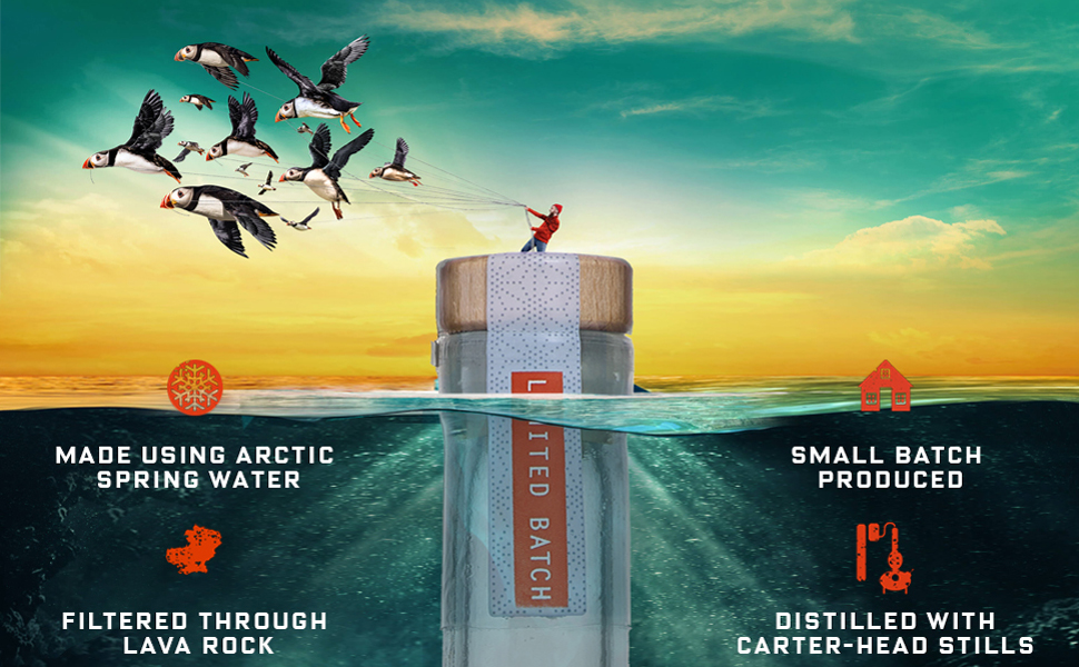 MADE USING ARCTIC
                          SPRING WATER
                          SMALL BATCH
                          PRODUCED
                          ITED BATCH
                          FILTERED THROUGH
                          LAVA ROCK
                          --DISTILLED WITH CARTER-HEAD STILLS
                          
