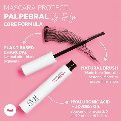 Image 1, mascara protect palperbreal core formula. plant based charcoal - natural ultra black pigments. natural brush - made from fine, soft castor oil fibres to prevent irritation. hyaluronic acid and jojoba oil = sources of omegas 3, 6 and 9 to sheath lashes. image 2, gentle buildable formula = lashes are separated, lengthened and curled, naturally defined in just a few strokes, or build it up to a more dramatic look, easy to remove - no rubbing. image 3, proven efficacy - users love it 0% discomfort, irritation, stinging or water eyes after application. 100% said it gave their lashes an intense black look. 90% said it intensified and sheathed their lashes for more curl and volume. no more compromises - beautiful, defined lashes, zero irriation. 99.7% ingredients of natural origin. 100% rested on sensitive eyes, contact lens safe, hypoallergenic, fragrance free. image 4, routine for sensitised eyes. eyelid cream soothing care, mascara protect and perfect, eye makeup remover gel gently cleanse.