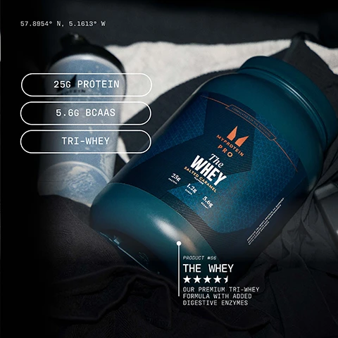 Image 1 - An overhead view of a blue protein powder container labeled The Whey with text highlighting 25g protein, 5.6g BCAAs, and Tri-Whey, next to a clear shaker bottle on a dark surface.
Image 2 - A man with a beard and muscular arms sits on a hillside, holding a clear water bottle labeled MYPROTEIN, with a scenic view of a lake and mountains in the background; visible text includes OPTIMALLY DOSED, HIGHEST QUALITY, NO COMPROMISES.