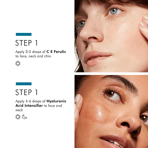 image 1, step one = apply 3-5 drops to face, neck and chin in the day. apply 4-6 drops of hyaluronic acid intensifier to face and neck, morning and night. Image 2, reduces appearance of wrinkles and fine lines