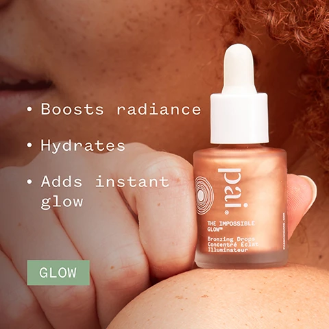 Image 1 - A close-up of a person’s hand holding a dropper bottle labeled “pai” with product text reading THE IMPOSSIBLE GLOW and phrases like Boosts radiance, Hydrates, and Adds instant glow alongside a green box displaying the word GLOW.
              Image 2 - An orange swirl of creamy product with visible text stating 86% said skin looks radiant and certification icons for organic, vegan, and B Corporation along with a note about an independent consumer trial of 172 subjects.