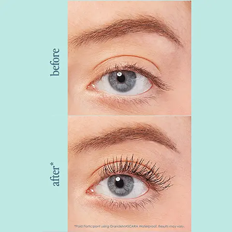 before, after, Paid Participant using GrandeMASCARA. Results may vary. with you through every laugh, splash and tear. waterproof, buildable, clump-free formula, locks on lashes for all-day wear, no smudging or flaking, easily removable to take care of your lashes. 97% saw longer looking lashes. Lashcare Ingredient: peptides. Instant Effect: natural, buildable length. Brush: classic wand perfect for building length. Long-term Effect: healthier looking lashes. 5 stars long-lasting + easily removable, the first waterproof mascara i've tried that stays put!