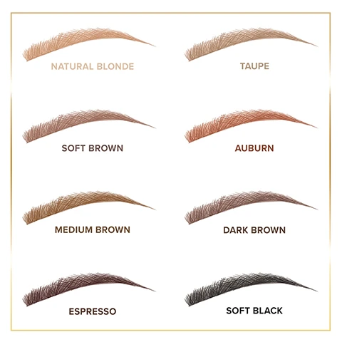 Image 1 - A grid of eyebrow hair colors labeled from top to bottom and left to right as follows: Natural Blonde, Taupe, Soft Brown, Auburn, Medium Brown, Dark Brown, Espresso, and Soft Black.
              Image 2 - Five brow pencils in various colors laid out on a pink background, with text highlighting features: micro-fine bevel-tipped brow detailer, hyper-precise pencil, waterproof, smudge proof, super longwearing, and conditions brows with vitamin E-infused formula.
              Image 3 - A heart made of flowers on a pink background with the word VEGAN prominently displayed in black.