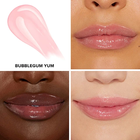 Image 1 - A swatch of pink lip gloss labeled BUBBLEGUM YUM is shown alongside close-up images of four different lips: a glossy dark brown lip, a smooth medium skin tone lip, and a glossy light pink lip.
              Image 2 - Image shows a close-up view of a models lips, with the left side labeled BEFORE appearing natural and matte, while the right side labeled AFTER shows glossy, enhanced lips; text on the image reads MODEL IS WEARING SHADE BUBBLEGUM YUM.
              Image 3 - Close-up image of a models lips showing two sides labeled BEFORE and AFTER, with the after side appearing plumper and glossy, and the visible text reads MODEL IS WEARING SHADE BUBBLEGUM YUM.
              Image 4 - Close-up of a models lips showing a before and after comparison, with the left side labeled BEFORE displaying natural-colored lips and the right side labeled AFTER showcasing glossy lips in a pink shade, with visible text stating MODEL IS WEARING SHADE BUBBLEGUM YUM.
              Image 5 - An image of a lip plumping product with the text showing percentage results: 93% said lips look fuller and more plump, 97% said it delivers instant results, and 97% said lips feel moisturized, along with a small footnote about a consumer study conducted in December 2015.
              Image 6 - Image of various lip plumping products from Too Faced, including Lip Injection Extreme Lip Plumper, Lip Injection Extreme Plumping Clicks, Lip Injection Maximum Plump, Lip Injection Extreme Lip Shaper, Lip Injection Lip Gloss, and Lip Injection Liquid Lipstick, with descriptions for each product listed below; visible text includes product names and descriptions of effects and shades.