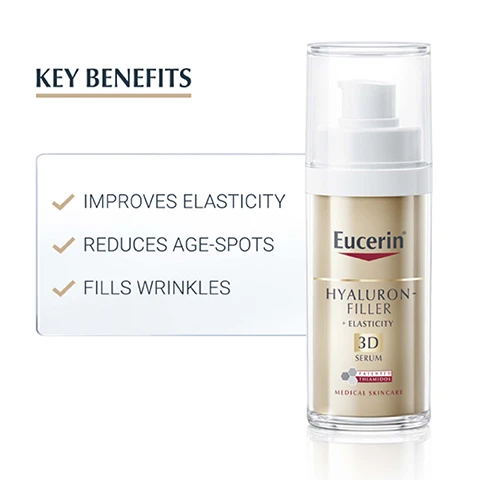 Image 1, key benefits - improves elasticity, reduces age spots, fills wrinkles. image 2, anti-age, all skin types, non comedogenic. image 3, clinically proven results, 100& confirm reduces the appearance of age spots. product in use test with 120 volunteers results after 4 weeks application. image 4, recommended routine. 1 = 3D serum, 2 = day cream, 3 = night cream
