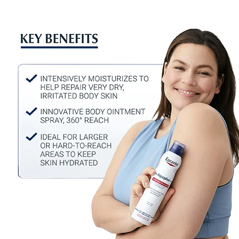 image 1, key benefits - intensively moisturises to help repair very dry, irritated body skin. innovative body ointment spray 360 degree reach. ideal for larger or hard to reach areas to keep skin hydrated. image 2, rough, cracked and dry skin. moisturising, non comedogenic. image 3, 9/10 confirm immediately soothes and relieves dry rough skin all day. PIU study. image 3, discover more = healing ointment 45ml and spray.