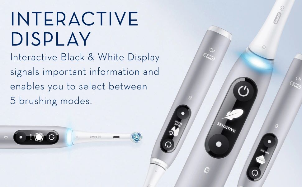 INTERACTIVE DISPLAY. Interactive Black & White Display signals important information and enables you to select between
                                  5 brushing modes.