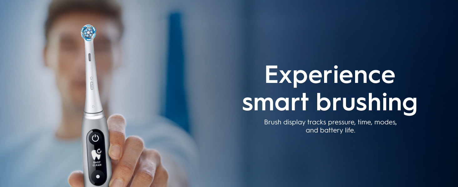 A grey smart toothbrush with a display that tracks brushing pressure, time, modes, and battery life