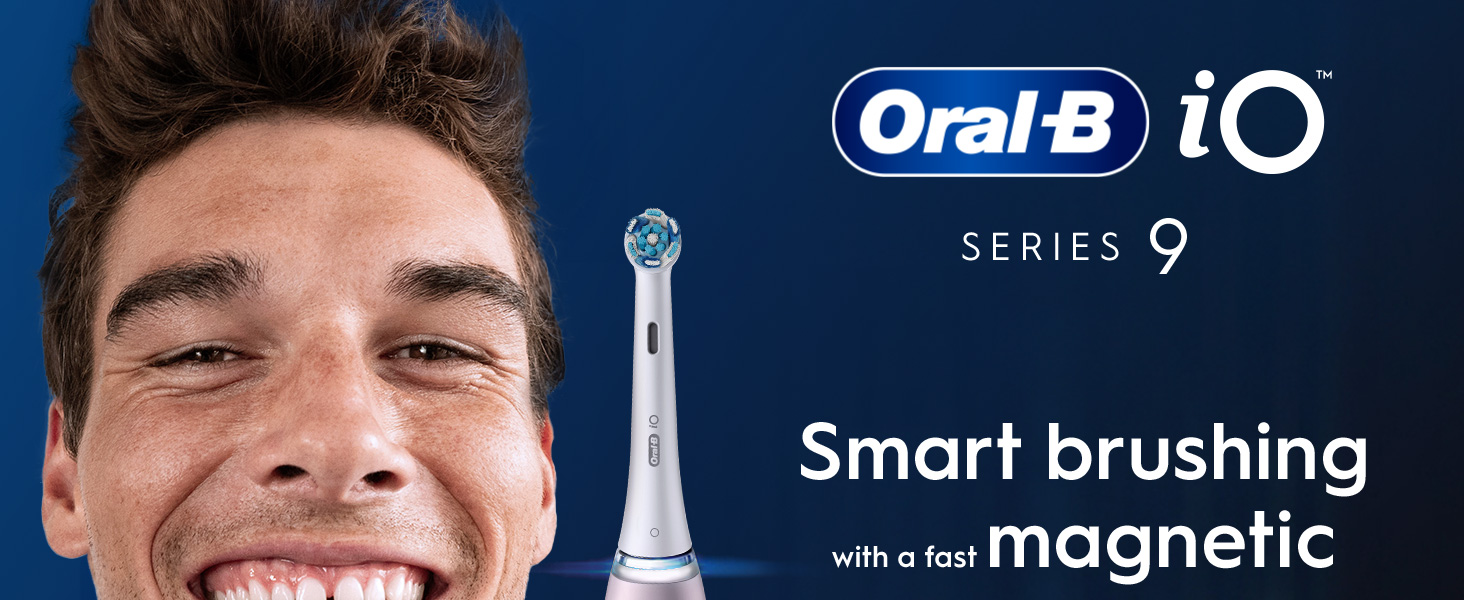 An Oral-B iO Series 9 electric toothbrush with a man smiling on the left
