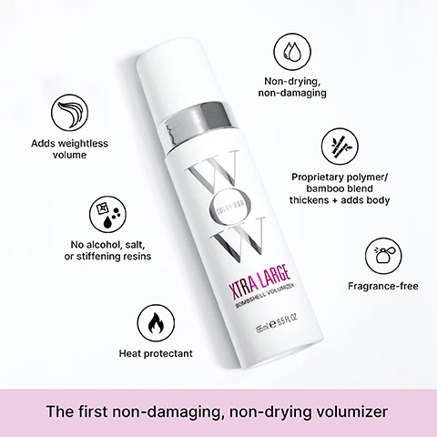 Image 3 - A white spray bottle labeled COLOR WOW XTRA LARGE BOMBSHELL VOLUMIZER with various icons indicating product benefits such as adds weightless volume, non-drying, non-damaging, no alcohol, salt, or stiffening resins, fragrance-free, and heat protectant, set against a light background, with a pink banner stating The first non-damaging, non-drying voluminizer.
              Image 5 - A white bottle of Color Wow Xtra Large Bombshell Volumizer with a pump top is shown against a light background, featuring the text TRAVEL SIZE at the bottom and 50 ml e 1.67 fl oz on the bottle.