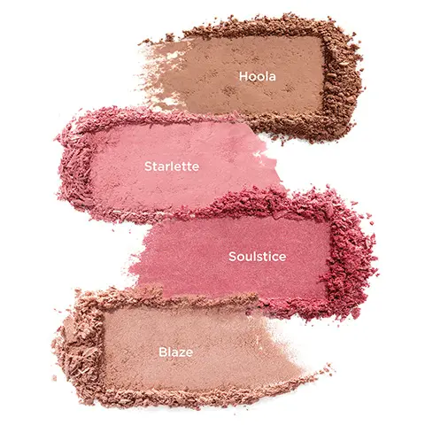 image 1, hoola, starlett and soulstice and blaze swatches. Image 2, hoola, starlett, soulstice and blaze swatches on three different skin tones.