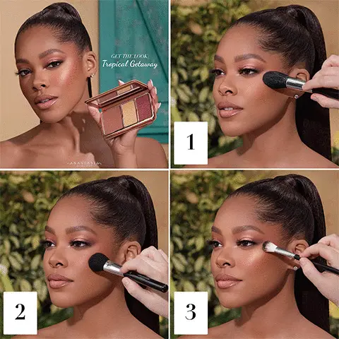Image 1, Steps on how to get the look. Image 2, Model arm swatch of all shades.