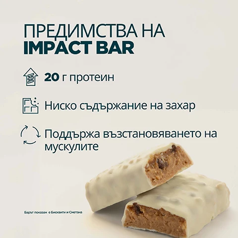 Image 1 - The image displays two white-chocolate-covered protein bars, one broken in half to reveal a nougat-like filling with chunks, alongside text listing benefits: ПРЕДИМСТВА НА IMPACT BAR, 20 г протеин, Ниско съдържание на захар, Поддържа възстановяването на мускулите, Барът показан е Бисквити и Сметана. Image 2 - A person in teal activewear holds an unwrapped MP Bar, with overlay text that reads: 20 ГОДИНИ НЕПРЕКЪСНАТО УСЪВЪРШЕНСТВАНЕ, Експертно разработено от диетолози, Качество, гарантирано от независими организации, Формули, създадени чрез научно проучване, Произведено във фабриките на Myprotein.