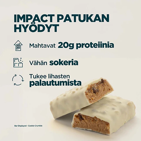Image 1 - A white protein bar, broken in half to reveal its creamy, cookie crumble interior, is shown alongside text listing its benefits: IMPACT PATUKAN HYÖDYT, Mahtavat 20g proteiinia, Vähän sokeria, Tukee lihasten palautumista, and Bar Displayed - Cookie Crumble. Image 2 - A person in a dark teal sports bra and shorts holds an unwrapped protein bar displaying IMP Bar, with overlaid text to the left listing features: 20 VUOTTA JATKUVAA KEHITTÄMISTÄ, Ravistemusterapeuttien kehittämä with a person icon, Laatu taattu itsenäisiltä testaajilta with a checkmark icon, Todellisilla tutkimuksilla kehitetyt kaavat with a shaker bottle icon, and Valmistettu Myprotein in erinomaisissa tiloissa with a refresh icon.