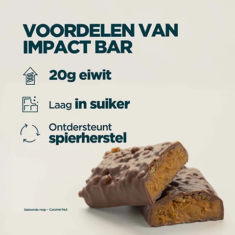 Image 1 - A chocolate bar with a caramel-nut filling, broken in half, is displayed next to text that reads: VOORDELEN VAN IMPACT BAR, 20g eiwit, Laag in suiker, Ondersteunt spierherstel, Getoonde reep - Caramel Nut. Image 2 - An individual in a teal sports outfit holds a partially unwrapped protein bar, while the image displays text promoting product features: 20 JAAR VAN VOORTDURENDE VERFIJNING, Vakkundig vervaardigd door voedingsdeskundigen, Kwaliteit gegarandeerd door onafhankelijke testers, Formules verfijnd op basis van echte onderzoeken, Geproduceerd bij Myproteins uitstekende faciliteiten, with the word Bar also visible on the product wrapper. Image 3 - A person in a dark green sweatshirt holds a Myprotein Impact Bar Caramel Nut, High protein low sugar, sticking out of a dark grey bag, with overlaid text that reads Myprotein: Europas nummer 1 merk in sportvoeding, Consistentie, kwaliteit en meer dan 20 jaar perfectie, Gesteund door Euromonitor, de wereldwijde autoriteit op het gebied van marktdata, and Source: Euromonitor International Limited; Consumer Health 2023ed, Myproteins retail value sales, World 2023 data.