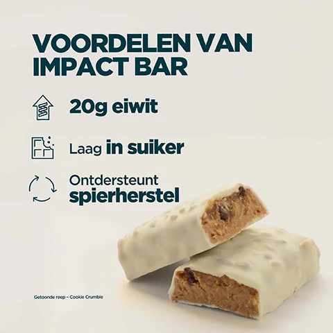 Image 1 - The image shows two white-chocolate-coated protein bars with a light brown, chunky filling on a light background, alongside text that reads: VOORDELEN VAN IMPACT BAR, 20g eiwit, Laag in suiker, Ondersteunt spierherstel, and Getoonde reep - Cookie Crumble. Image 2 - A person in a teal sports bra and shorts is unwrapping a chocolate protein bar, with overlaying white text on the left that reads 20 JAAR VAN VOORTDURENDE VERFIJNING Vakkundig vervaardigd door voedingsdeskundigen Kwaliteit gegarandeerd door onafhankelijke testers Formules verfijnd op basis van echte onderzoeken Geproduceerd bij Myproteins uitstekende faciliteiten, and the visible text on the bar wrapper includes Bar, IPP, CARAMEL NUT, and PROTEIN. Image 3 - A person pulls a Myprotein Impact Bar in Caramel Nut flavor from a black bag, with overlaying text that reads: Myprotein: Europa’s nummer 1 merk in sportvoeding Consistentie, kwaliteit en meer dan 20 jaar perfectie. Gesteund door Euromonitor, de wereldwijde autoriteit op het gebied van marktdata. Source: Euromonitor International Limited; Consumer Health 2023ed, Myprotein’s retail value sales, World 2023 data. The bar packaging also reads MYPROTEIN, IMPACT Bar, CARAMEL NUT FLAVOUR, 20g PROTEIN / LOW SUGAR.