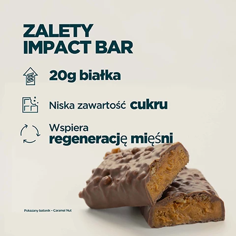 Image 1 - A chocolate bar, broken in half to reveal a caramel-colored filling with crunchy bits, is displayed next to text that reads: ZALETY IMPACT BAR, 20g białka, Niska zawartość cukru, Wspiera regenerację mięśni, and Pokazany batonik - Caramel Nut. Image 2 - A person in athletic wear holds a partially unwrapped protein bar, with white text on the left side of the image that reads: 20 LAT CIĄGŁEGO UDOSKONALANIA Profesjonalnie opracowane przez specjalistów ds. żywienia Jakość gwarantowana przez niezależnych testerów Formuły udoskonalane na podstawie rzetelnych badań Wyprodukowane w doskonałych zakładach Myprotein.