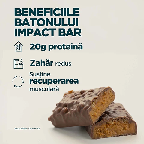 Image 1 - A chocolate-covered protein bar with a caramel-colored filling and nuts on top, broken into two pieces and displayed against a light beige background, with the text BENEFICIILE BATONULUI IMPACT BAR, 20g proteină, Zahăr redus, Susține recuperarea musculară, and Batonul afișat - Caramel Nut. Image 2 - A person in a dark green athletic top and shorts holds an unwrapped protein bar with IMPACT Bar visible on its wrapper, and overlaid text reads 20 DE ANI DE INOVARE NEÎNCETATĂ, Creat cu atenție de nutriționiști, Calitate asigurată de testeri independenți, Formule create prin cercetare, Produs la facilitatile remarcabile Myprotein.