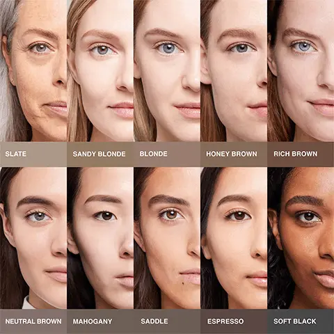 Image 1, Image of all various models wearing Micro Brow Pencil for each shade. Image 2, Tail,head,arch