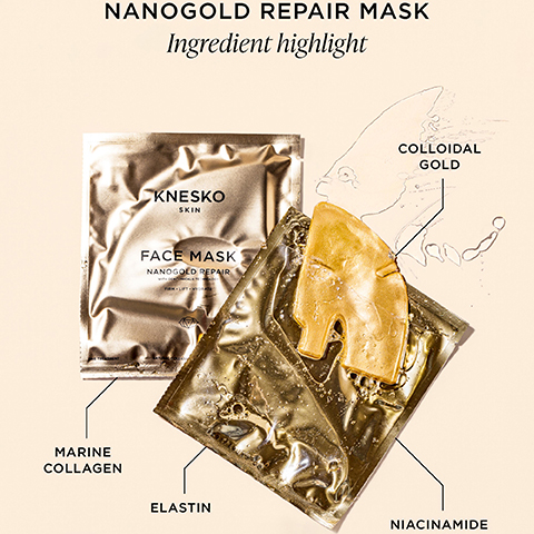 NANOGOLD REPAIR MASK Ingredient highlight ONE TREATMENT MARINE COLLAGEN KNESKO SKIN COLLOIDAL GOLD FACE MASK NANOGOLD REPAIR WITH GEMCLINICAL TECHNOLOGY FIRM LIFT-HYDRATE ATURAL COLLAG ELASTIN NIACINAMIDE