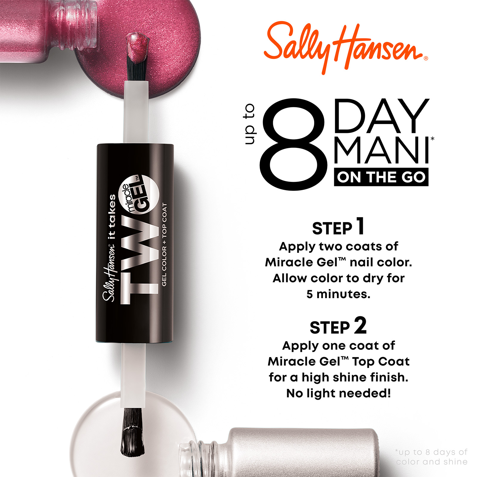 Up to 8 day mani on the go, Step 1 apply two coats of miracle gel nail color, allow color to dry for 5 minutes. Step 2 apply onee coat of miracle gel top coat for a high shine finish. No light needed