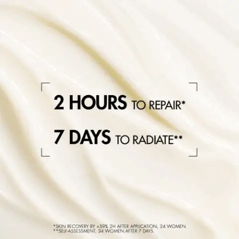 Image GIF4 - A creamy white background with subtle waves displays the text 2 HOURS to REPAIR* and 7 DAYS to RADIATE**, with smaller explanatory text at the bottom reading *SKIN RECOVERY BY +59% 2H AFTER APPLICATION, 24 WOMEN. **SELF-ASSESSMENT, 34 WOMEN AFTER 7 DAYS. Image GIF5 - The image displays a Biotherm Collagen Program, featuring three products: a blue jar labeled Biotherm for Step 1 Eye Cream, a blue dropper bottle labeled Biotherm Life Plankton Elixir Concentrating Serum for Step 2 Serum, and a red jar labeled Biotherm Blue Therapy for Step 3 Day Cream.