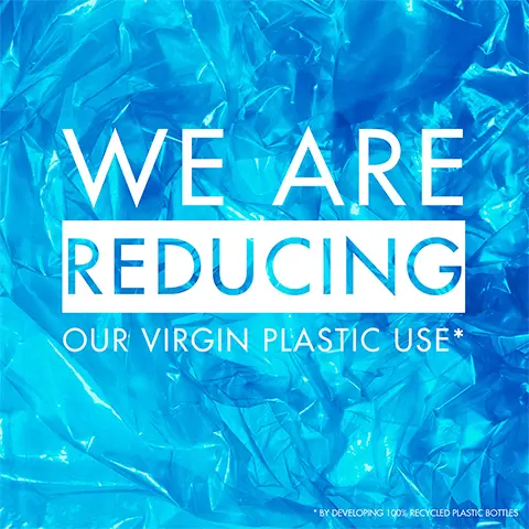 Image 1, We are reducing our virgin plastic use. Image 2, Now in 100% recycled plastic. Image 3, 70000 recycled plastic bottles.