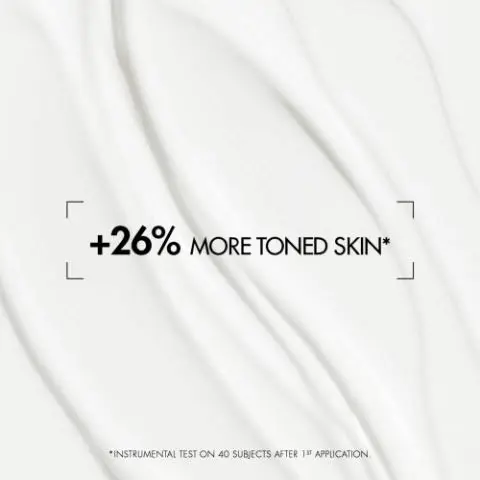 Image GIF1 - A white, creamy texture with subtle waves and ripples features the text +26% MORE TONED SKIN* surrounded by bracket-like shapes, with smaller text at the bottom reading *INSTRUMENTAL TEST ON 40 SUBJECTS AFTER 1ST APPLICATION. Image GIF2 - A textured, abstract blue, green, and white shape with swirled patterns floats against a blue gradient background, with text that reads POWERED BY 1% OF REGENERATING LIFE PLANKTON TOGETHER WITH OMEGA 6&9.