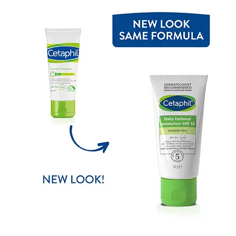 Image 1, new look same formula. Image 2, provides UVA/UVB protection with hydrating glycerin and essential vitamin E. Image 3, hydrates, nourishes and protects SPF 50+