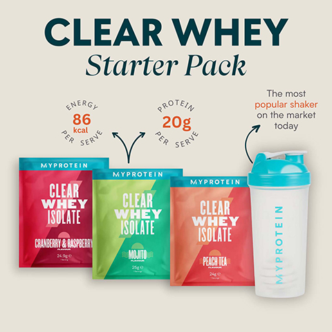 clear whey starter pack. Proteinper serve - 20g. 86 kcal energy per serve. The most popular shaker on the market today