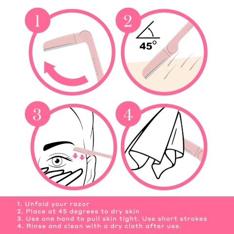 how to use, 1 = unfold your razor. 2 = place at a 45 degrees to dry skin. 3 = use one hand to pull skin tight, use short strokes. 4 = rinse and clean with a dry cloth after use.