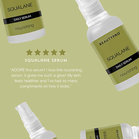 Image 1 - Image shows several bottles of BeautyPro Squalane Daily Serum arranged in a visually appealing layout with five stars and a quote praising the products effectiveness for skin health. Visible text includes SQUALANE, DAILY SERUM, nourishing, SQUALANE SERUM, and a customer review about the serum.
              Image 2 - Image shows a green background with three sections featuring different ingredients: a cluster of green olives labeled SQUALANE FROM OLIVE anti-ageing + rejuvenating, a half passionfruit showing its seeds labeled PASSIONFRUIT nourishing + energising, and a sliced orange labeled ORGANIC SWEET ORANGE OIL & ORGANIC ALMOND OIL smoothing + brightening.
              Image 3 - A bottle of BeautyPro Squalane daily serum is shown on a light green background, with three highlighted benefits: Hydrating - Squalane mimics your skins natural oils leaving it feeling supple and hydrated; Smoothing - It nurtures the skin to improve texture, reduce fine lines/wrinkles and reduce the appearance of pores; Brightening - It helps to renew dull cells and brighten the complexion to ensure your skin is radiant.