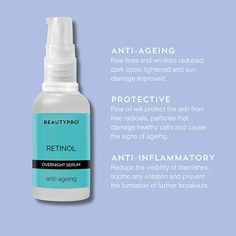 Image 1 - A clear bottle of BeautyPro Retinol Overnight Serum is displayed with a light blue background, featuring text that outlines its benefits: anti-ageing, protective, and anti-inflammatory, with specific descriptions of each benefit.
              Image 2 - Image depicts three natural ingredients associated with skincare benefits: a green seaweed for retinol, a pine branch for organic pine oil, and root pieces for wild yam, with text stating each ingredient and its benefit: retinol combats the signs of ageing, organic pine oil targets acne and free radicals, wild yam improves elasticity and suppleness.
              Image 3 - Image shows a layout of a teal and black beauty product bottle labeled RETINOL OVERNIGHT SERUM anti-ageing with five stars above it, and text below stating RETINOL SERUM Easy to use. I had never used an overnight product before, it is lightweight, easy to use and apply, my new favourite skin care product.