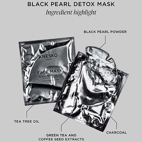 black pearl detox mask, ingredient hightlight. black pearl powder, tea tree oil, green tea and coffee seed extracts, charcoal