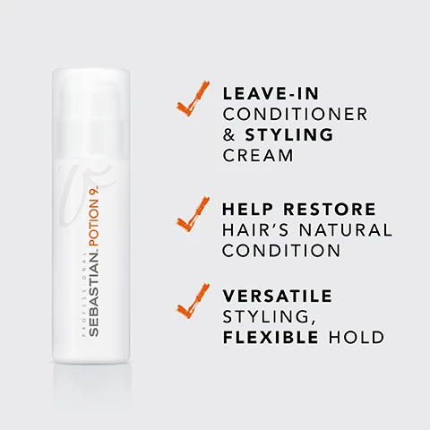 Image 3 - Image of a white bottle labeled SEBASTIAN POTION 9 with text descriptions highlighting its features, including leave-in conditioner and styling cream, help restore hairs natural condition, and versatile styling with flexible hold.
              Image 5 - A bottle of Sebastian Dark Oil with a black and gold design is shown, accompanied by three bullet points stating Smoothness up to 48 hrs, Weightless shine & finish, and Replenish hair.
              Image 7 - Image of a black bottle labeled Sebastian No.Breaker with a pump top, featuring text that states UP TO 99% LESS HAIR BREAKAGE*, HELPS TO REPAIR EVEN SEVERE DAMAGES CAUSED BY HOT TOOLS AND CHEMICALS, and STRONGER HAIR*, MORE BODY, along with a note that reads *VS LOW CONDITIONING SHAMPOO.