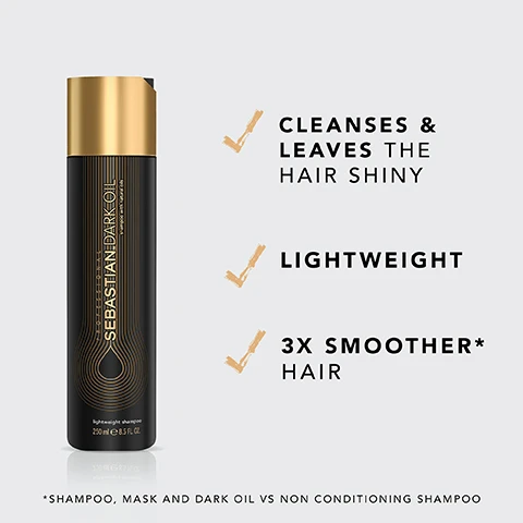Image 3 - A black bottle of lightweight shampoo with a gold cap is displayed, featuring text that states cleanses and leaves the hair shiny, lightweight, and 3x smoother hair.
              Image 5 - A black bottle of Sebastian No Breaker spray with a pump top is shown against a light background, featuring text that states up to 99% less hair breakage, helps to repair even severe damages caused by hot tools and chemicals, and stronger hair, more body, with a note about comparison to low conditioning shampoo.
              Image 7 - A bottle of Sebastian Dark Oil conditioner is displayed with three checkmarks next to key benefits: detangles and smoothens, keeping hair lightweight; smooth hair with body; 3x smoother hair; at the bottom is a note about shampoo, mask, and dark oil versus non-conditioning shampoo.
