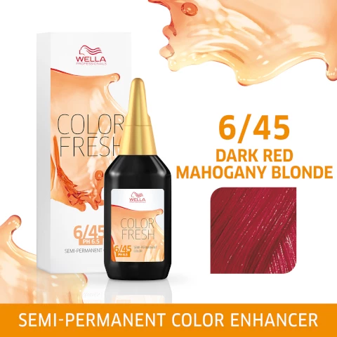 Image 1, 6/45 dark red mahogany blonde. semi permanent color enhancer. Image 2, 6/45 mahogany blonde