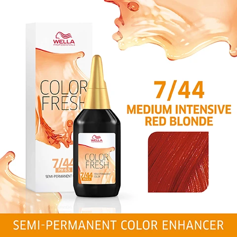 Image 1, semi permanent colour enhancer. image 2, 7/44 medium intensive red blonde. image 3, quick and easy application. image 4, lasts up to 10 shampoos. image 5, healthy looking shine and colour. image 6, direct dies and vitamin care complex. image 7, sensual and discreet fragrance.
