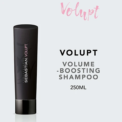 Image 2 - A black tube of Sebastian Volupt volume-boosting shampoo is displayed against a light background, with visible text that reads Volupt, VOLUPT, VOLUME-BOOSTING SHAMPOO, and 250ML.
              Image 3 - A black cylindrical bottle labeled Sebastian Volupt with the text FULL VOLUME SOFT TOUCH next to it.
              Image 5 - Image shows instructions for using shampoo, including three icons and text: HOW TO USE, MASSAGE THE SHAMPOO INTO WET HAIR, RINSE THOROUGHLY, REPEAT IF NECESSARY.
              Image 6 - A green bamboo plant with long leaves stands against a black background, with the text Natural Bamboo Extract displayed above it.
              Image 7 - Image shows three haircare products from Sebastian Professional: two bottles labeled Volupt and Volupt Spray, along with text stating Combine with Volupt Spray & Volupt Conditioner for best results.