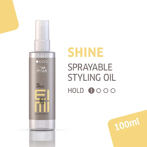 Image 1, shine sprayable styling oil. hold = 1/4. 100ml. image 2, instant shine, anti static, effect and UV protection. image 3, fruity orchard scent. image 4 and 5, partner recommendation sold separately. image 6, discover other products.