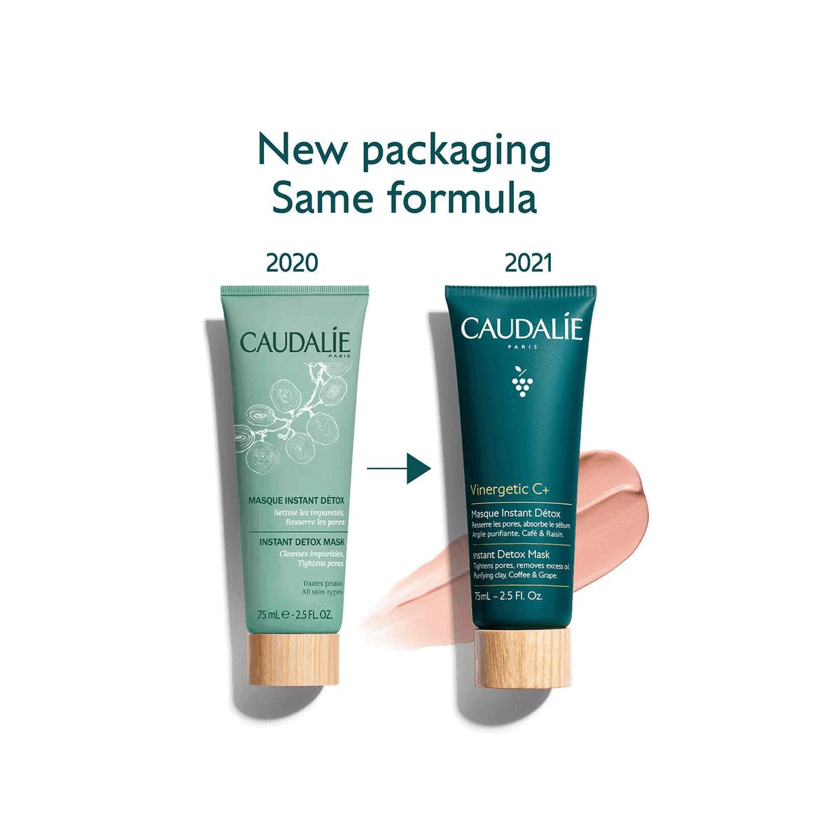 Image 1- New packaging Same formula 2020 2021 Image 2- ROSE CLAY purifying PAPAYA ENZYME brightening, pore minimising TANNINS Immediate astringent effect, tighten pores GRAPE MARC draining