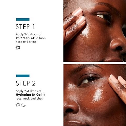 step 1 = apply 3-5 drops of pholertin CF to face, neck and chest in the morning. step 2 = apply 2-3 drops of hydrating B5 gel to face, neck and chest morning and night