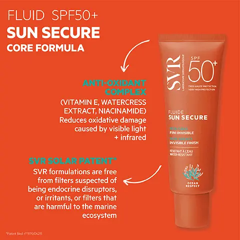 Fluid SPF50+ sun scure core formula. Anti-oxidant complex, vitamin E, watercress extract, niacinamide, reduces oxidative damage caused by visible light + infrared. SVR solar patent, SVR formulations are free from filters suspected of being endocrine disruptors, or irritants, or filters that are harmful to the marine ecosystem. How to use, apply generously + evenly before sun exposure. For face, spray onto hands then apply to the face. Stay safe in the sun, re-apply frequently. Ocean respect, reef safe, non-toxic to marine life biodegradable. Velvet texture, invisible finish, quickly absorbed, skin feels hydrated, water resistant, no white residue, non-greasy. SPF 50+ very high protection against UVA + UVB + visible + infrared, sensitive skin safe for baby+. Clean formula tested for endocrine disruptors. +eco-responsible 100% recyclable packaging. SVR SPF50+ protection, find your ideal format. Fresh mist, fresh cream, milk spray, face fluid, dry oil spray, invisible water, hydrating milk. velvet fluid. Classic cream.