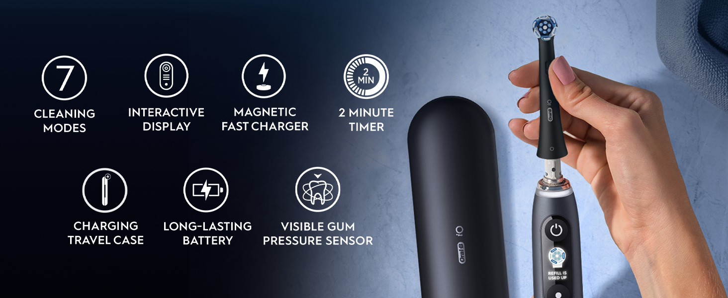 A hand detaches the head from a toothbrush on the right with 7 feature icons on the left